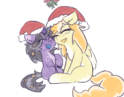 Size: 1928x1521 | Tagged: safe, artist:rivibaes, derpibooru import, oc, oc:orange cream, oc:rivibaes, pegasus, unicorn, christmas, female, filly, foal, hat, holiday, mare, mistletoe, mother and child, mother and daughter, nuzzling, parent and child, santa hat