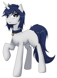 Size: 2602x3568 | Tagged: safe, artist:alicetriestodraw, derpibooru import, oc, oc only, oc:mysza, pony, unicorn, 2024 community collab, blank flank, blue eyes, blue mane, collar, derpibooru community collaboration, female, horn, looking at you, mare, simple background, solo, standing, transparent background, unicorn oc, white fur