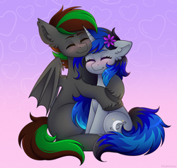 Size: 4133x3927 | Tagged: safe, artist:madelinne, derpibooru import, oc, oc only, bat pony, unicorn, bat pony oc, bat wings, blushing, cuddling, duo, female, happy, horn, hug, male, mare, stallion, unicorn oc, wings