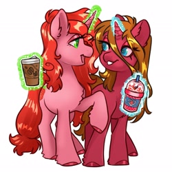 Size: 2661x2665 | Tagged: safe, artist:opalacorn, derpibooru import, oc, oc only, pony, unicorn, chest fluff, coffee, coffee cup, commission, cup, drink, duo, female, glowing, glowing horn, grin, horn, levitation, lidded eyes, looking at each other, looking at someone, magic, mare, milkshake, open mouth, open smile, simple background, smiling, smiling at each other, telekinesis, white background