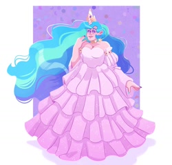 Size: 1500x1431 | Tagged: safe, artist:irisikiki, derpibooru import, princess celestia, human, bare shoulders, breasts, choker, cleavage, clothes, dress, ear piercing, earring, female, gown, horn, horned humanization, humanized, jewelry, light skin, looking at you, passepartout, piercing, princess breastia, simple background, smiling, smiling at you, solo, white background