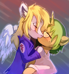 Size: 1858x2002 | Tagged: safe, artist:freak-side, derpibooru import, oc, oc:bright calm, oc:infernal, pegasus, pony, unicorn, kissing