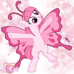 Size: 2000x2000 | Tagged: safe, artist:guruyunus17, artist:syrikatsyriskater, derpibooru import, oc, oc:annisa trihapsari, butterfly, earth pony, pony, g4, base used, belly, cute, female, grin, gritted teeth, happy, ibispaint x, mare, ocbetes, pink background, simple background, smiling, teeth, watermark