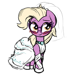 Size: 680x680 | Tagged: safe, artist:wenni, derpibooru import, grace manewitz, earth pony, pony, g4, blushing, clothes, dress, female, glasses, jewelry, mare, necklace, simple background, solo, transparent background, veil, wedding dress