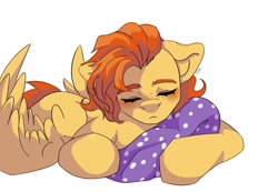 Size: 972x671 | Tagged: safe, derpibooru import, oc, oc:yuris, pegasus, pony, ears back, eyes closed, simple background, sleeping, solo, telling lies, trade, white background