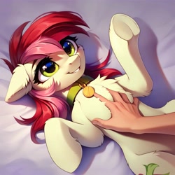 Size: 4096x4096 | Tagged: safe, ai content, derpibooru import, generator:purplesmart.ai, generator:stable diffusion, machine learning generated, roseluck, human, pony, g4, absurd resolution, behaving like a cat, belly, bellyrubs, chest fluff, collar, cute, ear fluff, ears, female, female focus, fluffy, hand, lying down, offscreen character, offscreen human, pet tag, petting, pony pet, prompter:doom9454, rosepet, smiling, solo focus, underhoof