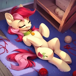 Size: 4096x4096 | Tagged: safe, ai content, derpibooru import, generator:purplesmart.ai, generator:stable diffusion, machine learning generated, roseluck, earth pony, pony, g4, absurd resolution, behaving like a cat, belly, chest fluff, collar, cute, eyes closed, female, hooves to the chest, lying down, mare, on back, pet tag, pony pet, prompter:doom9454, rosepet, solo, yarn, yarn ball