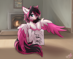 Size: 6075x4860 | Tagged: safe, artist:gooseshit, derpibooru import, oc, oc only, oc:lunylin, pegasus, pony, cute, fireplace, heterochromia, interior, pencil, shading, solo, spread wings, two toned hair, wings