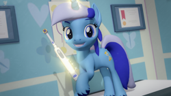 Size: 3840x2160 | Tagged: safe, artist:silkworm205, derpibooru import, minuette, pony, unicorn, g4, 3d, doctor's office, download at source, downloadable, female, fluffy mane, fluffy tail, glowing, glowing horn, horn, levitation, looking at you, magic, mare, raised hoof, raised leg, revamped ponies, smiling, smiling at you, solo, source filmmaker, source filmmaker resource, staring at you, tail, telekinesis, toothbrush, unshorn fetlocks