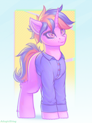 Size: 1500x2000 | Tagged: safe, artist:adagiostring, derpibooru import, oc, oc only, oc:evening glimmer, pony, unicorn, clothes, commission, cute, female, full body, horn, looking up, mare, pony oc, purple eyes, shirt, simple background, solo, standing, two toned hair, unicorn oc