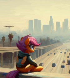 Size: 1491x1660 | Tagged: safe, artist:yidwags, derpibooru import, scootaloo, pegasus, pony, g4, car, city, cityscape, clothes, contemplating, female, folded wings, highway, hoodie, looking away, los angeles, outdoors, sitting, smog, solo, traffic, wings