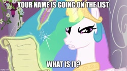 Size: 888x499 | Tagged: safe, derpibooru import, edit, edited screencap, screencap, princess celestia, g4, the crystal empire, caption, celestia is not amused, dad's army, image macro, imgflip, reference to another series, solo, text, unamused