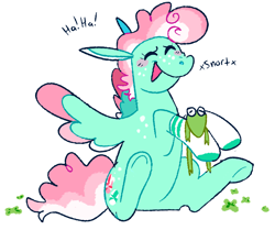 Size: 2048x1716 | Tagged: safe, artist:goatpaste, derpibooru import, minty, frog, pegasus, pony, g3, clothes, laughing, simple background, socks, solo, spread wings, white background, wings