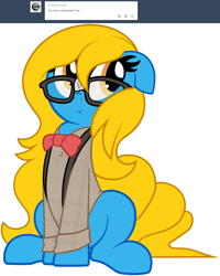 Size: 1280x1604 | Tagged: safe, artist:furrgroup, derpibooru import, oc, oc only, oc:internet explorer, earth pony, pony, ask internet explorer, bowtie, browser ponies, clothes, ears, female, floppy ears, glasses, internet explorer, looking away, looking sideways, mare, shirt, simple background, sitting, solo, taped glasses, white background