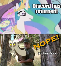 Size: 638x681 | Tagged: safe, derpibooru import, edit, edited screencap, screencap, discord, princess celestia, alicorn, draconequus, human, pony, g4, the return of harmony, chuck testa, crown, female, impact font, irl, irl human, jewelry, male, mare, meme, needs more jpeg, nope, open mouth, peytral, photo, regalia, sunglasses, tree