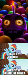 Size: 500x1312 | Tagged: safe, derpibooru import, edit, edited screencap, screencap, rainbow dash, g4, comic, cupcake, five nights at freddy's, food, oh crap, screencap comic