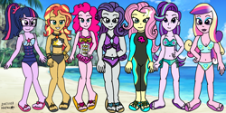 Size: 2160x1080 | Tagged: safe, artist:galbin32, derpibooru import, dean cadance, fluttershy, pinkie pie, princess cadance, rarity, sci-twi, starlight glimmer, sunset shimmer, twilight sparkle, equestria girls, g4, beach, breasts, cleavage, clothes, feet, female, fluttershy's wetsuit, group shot, midriff, pinkie pie swimsuit, purple bikini, sandals, sci-twi swimsuit, sunset shimmer swimsuit, swimsuit, toes