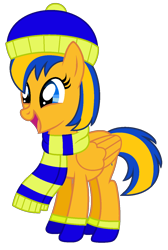 Size: 926x1376 | Tagged: safe, artist:noi kincade, derpibooru import, oc, oc:flare spark, pegasus, g4, clothes, female, happy, hat, open mouth, scarf, simple background, socks, solo, transparent background, winter hat