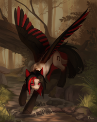 Size: 4000x5000 | Tagged: safe, artist:miurimau, derpibooru import, oc, oc only, pegasus, pony, absurd file size, absurd resolution, colored wings, commission, forest, looking at you, multicolored wings, nature, red and black oc, signature, solo, spread wings, tree, wings