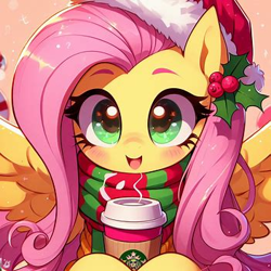 Size: 351x351 | Tagged: safe, ai content, derpibooru import, machine learning generated, fluttershy, pegasus, pony, g4, blushing, bust, christmas, coffee cup, cup, cute, female, hat, holiday, holly, hoof hold, mare, open mouth, open smile, portrait, prompter:bigfanbud123, santa hat, shyabetes, smiling, solo, starbucks, wrong eye color