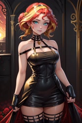 Size: 1024x1536 | Tagged: safe, ai content, derpibooru import, generator:yodayo, machine learning generated, sunset shimmer, human, g4, alternate clothes, alternate hairstyle, anime, boots, breasts, clothes, cosplay, costume, dress, ear piercing, earring, fingerless gloves, gloves, headband, humanized, jewelry, necklace, piercing, prompter:sammykun, shoes, skirt, sleeveless, spy x family, sunset jiggler, thigh boots, thighs, tight clothing, tight fit, torn princess, yor forger