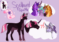 Size: 3541x2507 | Tagged: safe, artist:kitschykricket, derpibooru import, dusk shine, radiant hope, sunburst, twilight sparkle, oc, oc:arabella blue, oc:spellbound, pony, unicorn, family, foal, horn, horn ring, magical threesome spawn, male, offspring, parent:prince blueblood, parent:radiant hope, parent:rarity, parent:sunburst, parent:twilight sparkle, parents:rariblood, polyamory, ring, rule 63, shipping, stallion