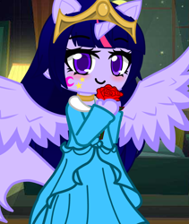 Size: 912x1080 | Tagged: safe, artist:80ssuperstar, derpibooru import, twilight sparkle, anthro, equestria girls, g4, blushing, disney, disney princess, female, flower, gacha club, princess aurora, rose, solo, tail