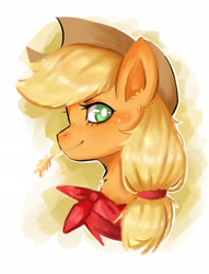 Size: 1566x2048 | Tagged: safe, artist:puffyrin, derpibooru import, applejack, earth pony, pony, g4, abstract background, aside glance, bust, cowboy hat, female, hat, looking at you, mare, neckerchief, portrait, profile, smiling, smiling at you, solo, straw in mouth