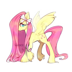 Size: 1024x1024 | Tagged: safe, artist:vaxice, derpibooru import, fluttershy, pegasus, pony, g4, aside glance, bow, cloven hooves, concave belly, female, hair over one eye, hoof fluff, long mane, looking at you, mare, raised hoof, raised leg, signature, simple background, slender, solo, spread wings, standing, thin, unshorn fetlocks, white background, wings