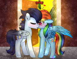 Size: 1024x782 | Tagged: source needed, safe, artist:northlights8, derpibooru import, rainbow dash, soarin', pegasus, pony, g4, female, kiss on the lips, kissing, male, mare, mistletoe, shipping, soarindash, stallion, straight