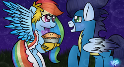 Size: 572x312 | Tagged: source needed, safe, artist:northlights8, derpibooru import, rainbow dash, soarin', pegasus, pony, g4, the best night ever, apple pie, clothes, dress, female, food, male, mare, pie, shipping, soarindash, stallion, straight, wonderbolts uniform