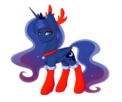 Size: 2320x1952 | Tagged: safe, artist:tanatos, derpibooru import, princess luna, alicorn, pony, g4, christmas, clothes, concave belly, eyeshadow, female, holiday, horns, makeup, mare, redraw, simple background, socks, solo, white background