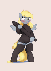 Size: 2152x2987 | Tagged: safe, artist:drafthoof, derpibooru import, derpy hooves, pegasus, semi-anthro, g4, arm hooves, bipedal, blushing, clothes, leotard, simple background, socks, solo, thigh highs, tights