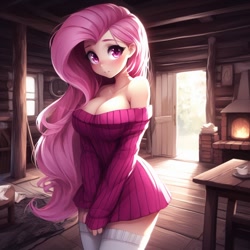 Size: 1024x1024 | Tagged: safe, ai content, derpibooru import, generator:bing image creator, generator:dall-e 3, machine learning generated, fluttershy, human, g4, adorasexy, anime, big breasts, blushing, breasts, cleavage, clothes, cute, embarrassed, female, hootershy, humanized, indoors, looking at you, off shoulder, off shoulder sweater, prompter needed, sexy, shyabetes, solo, standing, stockings, stupid sexy fluttershy, sweater, sweater dress, sweatershy, thigh highs, white stockings, wrong eye color, zettai ryouiki