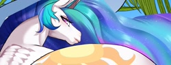 Size: 1425x543 | Tagged: safe, artist:chigusa, derpibooru import, princess celestia, alicorn, pony, g4, butt, female, hoers, lidded eyes, looking at you, looking back, looking back at you, mare, plot, solo, sunbutt, wip