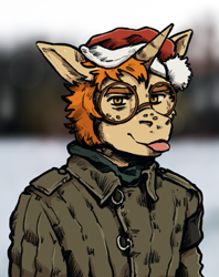 Size: 1127x1421 | Tagged: safe, artist:dwcmarshalarts, derpibooru import, oc, oc:golden autumn, anthro, unicorn, christmas, clothes, freckles, glasses, hat, holiday, horn, male, round glasses, santa hat, solo