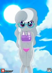 Size: 1131x1600 | Tagged: safe, artist:minusclass, derpibooru import, part of a set, silver spoon, human, equestria girls, g4, 2d, belly button, bikini, bikini bottom, bikini top, braid, breasts, clothes, cloud, female, glasses, legs, looking at you, looking down, looking down at you, loose hair, midriff, outdoors, patreon, patreon logo, sky, sleeveless, solo, sun, swimsuit