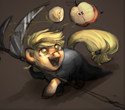 Size: 982x866 | Tagged: safe, artist:jellrus, derpibooru import, applejack, earth pony, pony, g4, apple, clothes, costume, cute, female, food, gray background, grim reaper, high angle, jackabetes, looking up, mare, open mouth, open smile, scythe, simple background, smiling, solo
