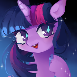 Size: 2800x2800 | Tagged: safe, artist:noriap, derpibooru import, twilight sparkle, unicorn twilight, pony, unicorn, g4, bust, ears, female, floppy ears, gradient background, high res, mare, open mouth, signature, solo, sparkles, starry eyes, unshorn fetlocks, wingding eyes