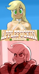 Size: 1317x2474 | Tagged: safe, artist:_ton618_, derpibooru import, applejack, human, art pack:applefuckin season, equestria girls, g4, advertisement, applerack, armor, art pack, blushing, breasts, female, frown, looking at you, preview, smiling, smiling at you, solo, spartan, vulgar