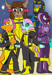 Size: 462x661 | Tagged: safe, artist:spiders123, derpibooru import, ocellus, smolder, yona, oc, oc:mayday, oc:mayday parker sparkle, anthro, robot, mainframe, marvel, mutant, x-men, x-men first class