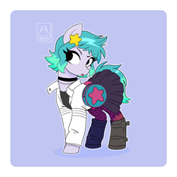 Size: 1820x1819 | Tagged: safe, artist:bluefeathercat, derpibooru import, earth pony, pony, boots, border, choker, clothes, female, jacket, mare, ponified, purple background, ramona flowers, scott pilgrim vs the world, shoes, simple background, skirt, solo, species swap