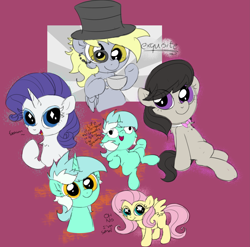 Size: 4511x4458 | Tagged: safe, artist:background basset, derpibooru import, derpy hooves, fluttershy, lyra heartstrings, octavia melody, rarity, pegasus, pony, unicorn, g4, bowtie, classy, cup, dialogue, hat, missing cutie mark, monocle, monocle and top hat, simple background, sketch, sketch dump, smol, teacup, text, top hat, wingding eyes