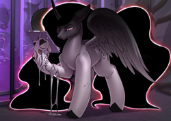 Size: 3508x2480 | Tagged: safe, artist:underpable, derpibooru import, oc, oc only, alicorn, pony, alicorn oc, clipboard, commission, frown, hoof hold, horn, looking at something, solo, wings