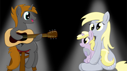 Size: 3840x2160 | Tagged: safe, artist:darelith, derpibooru import, derpy hooves, dinky hooves, oc, oc:crusader, pegasus, pony, unicorn, acoustic guitar, female, filly, foal, guitar, high res, holding a pony, male, mare, musical instrument, sitting, sitting on lap, spotlight, stallion, stool