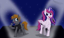 Size: 4152x2442 | Tagged: safe, artist:megaanimationfan, derpibooru import, oc, oc only, oc:cadie, oc:crusader, alicorn, pony, unicorn, duo, female, high res, hoof hold, levitation, magic, male, mare, microphone, singing, spotlight, stallion, stars, telekinesis