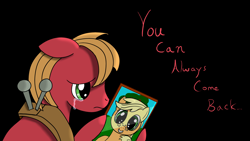 Size: 3840x2160 | Tagged: safe, artist:darelith, derpibooru import, applejack, big macintosh, earth pony, pony, g4, black background, dialogue, female, grin, high res, holding, male, mare, picture frame, simple background, smiling, stallion, teary eyes