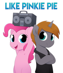 Size: 3448x4000 | Tagged: safe, artist:moozua, derpibooru import, pinkie pie, oc, oc:crusader, earth pony, pony, unicorn, bipedal, boombox, clothes, crossed hooves, duo, female, high res, holding, male, mare, simple background, stallion, transparent background