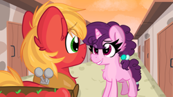 Size: 2489x1400 | Tagged: safe, artist:lbrcloud, derpibooru import, big macintosh, sugar belle, earth pony, pony, unicorn, g4, apple, female, food, grin, heart, heart eyes, looking at each other, looking at someone, male, mare, shipping, smiling, stallion, straight, sugarmac, wingding eyes