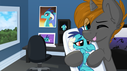 Size: 2489x1400 | Tagged: safe, artist:lbrcloud, derpibooru import, princess ember, oc, oc:crusader, dragon, pony, unicorn, :p, body pillow, computer, eye clipping through hair, figurine, holding, laptop computer, looking at you, male, one eye closed, poster, room, stallion, tongue, tongue out